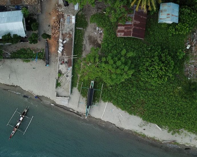 Drone shot capturing a coastal scene with boats and greenery in Una-Una, Indonesia.